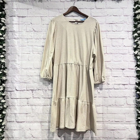 Draper James RSVP Size XXL Puffed Sleeve Tiered Dress Gold Cream Plus Size Midi - Picture 2 of 13